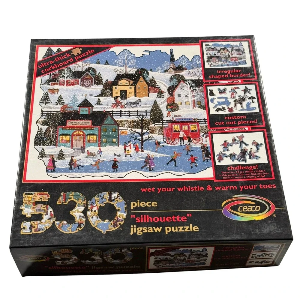 Ceaco 530 Piece Silhouette Corkboard Jigsaw Puzzle Winter Village Ice‎ Skaters